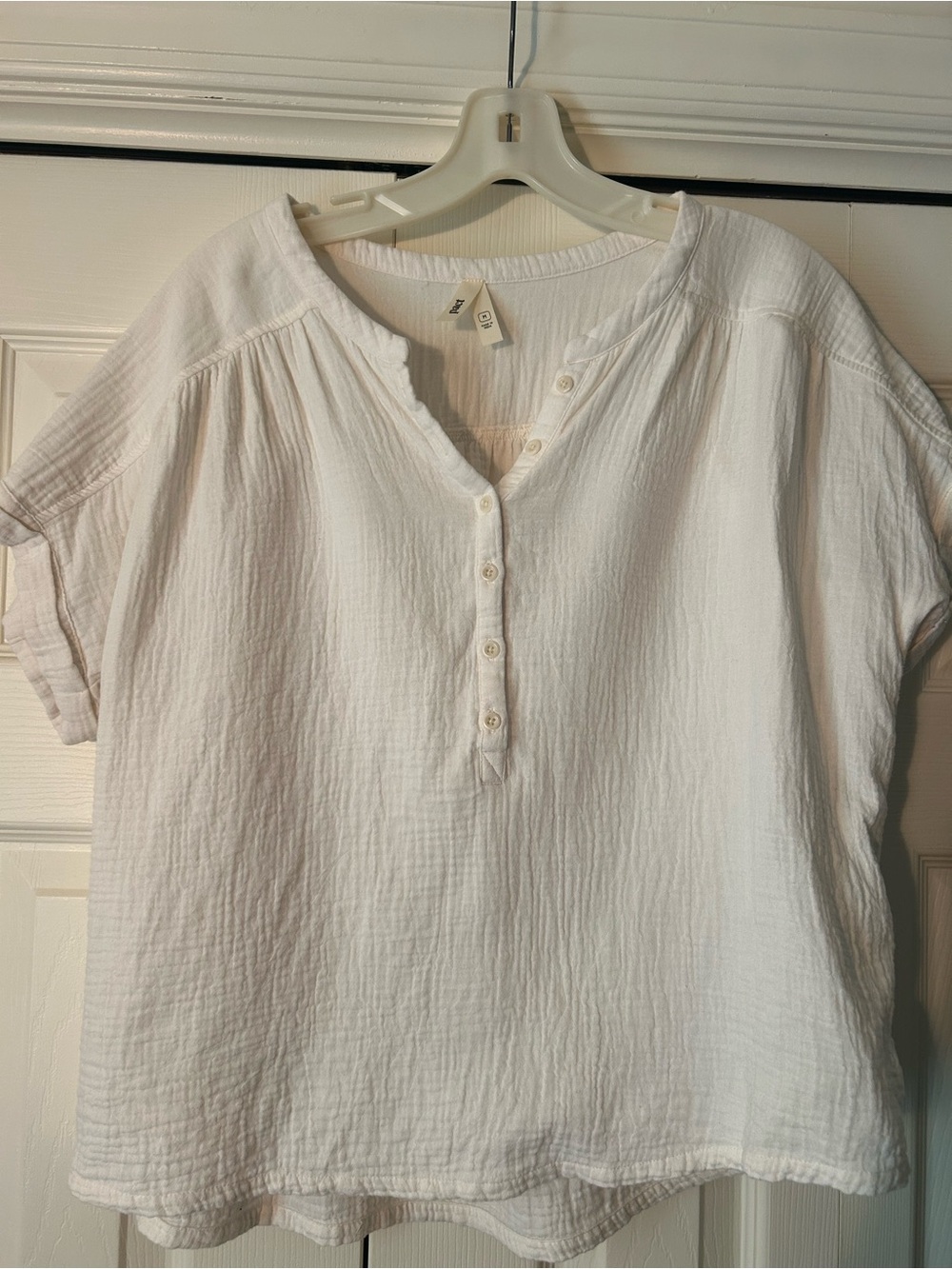 Pact Off White Short-Sleeve Button Front Cotton Gauze Top Size M Beach